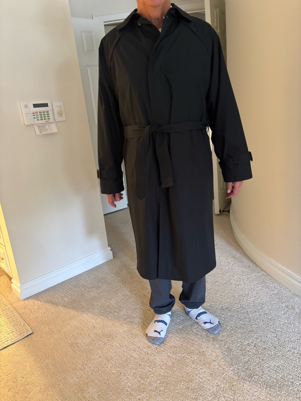 London Fog Black Men's Long Trench Coat with Waist Tie
